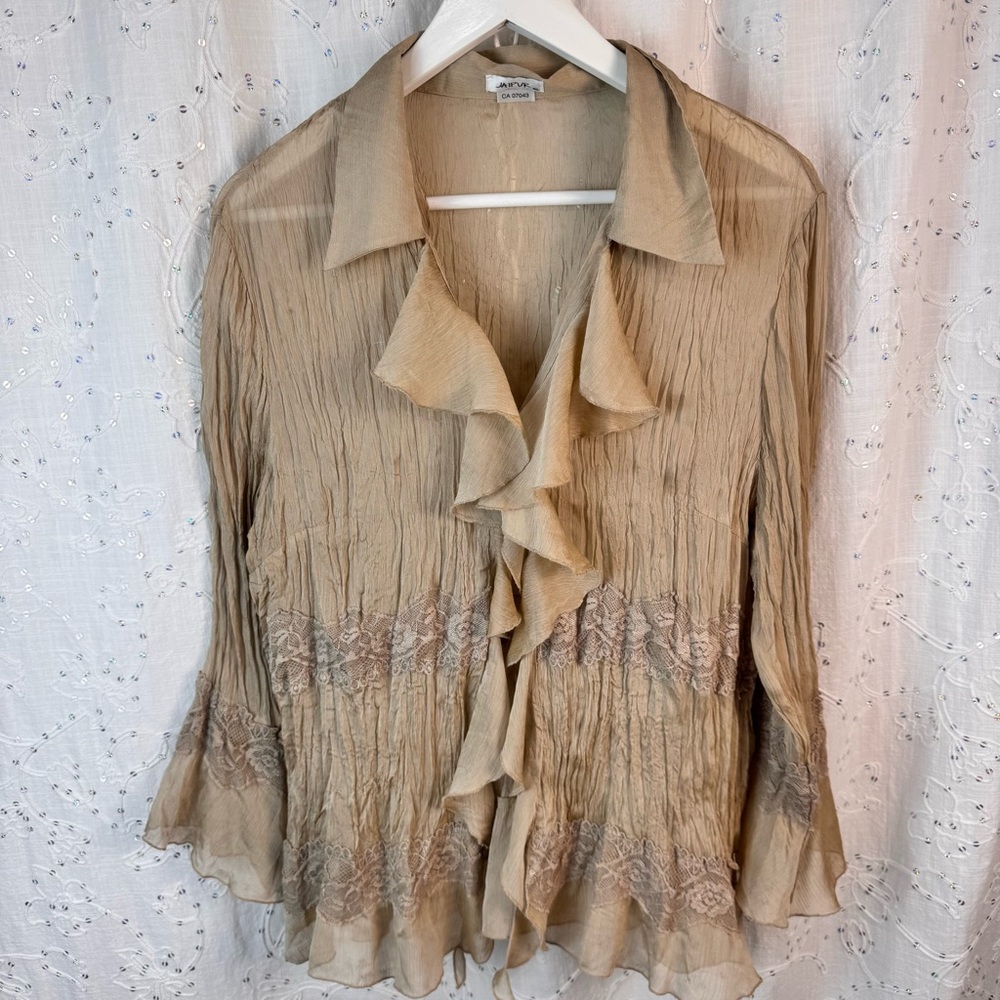 Jaipur Crinkle Ruffle Blouse – XL – Romantic Lace Trim – 3/4 Sleeve